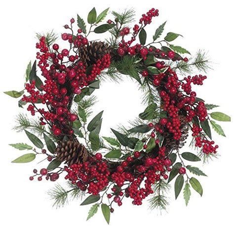 16 Inch Christmas Berry Wreath With Pine Boughs Pine Cones And Holly