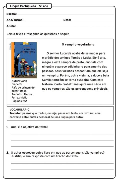 Avaliação De Portugues 5 Ano Interpretação De Texto E Gramatica