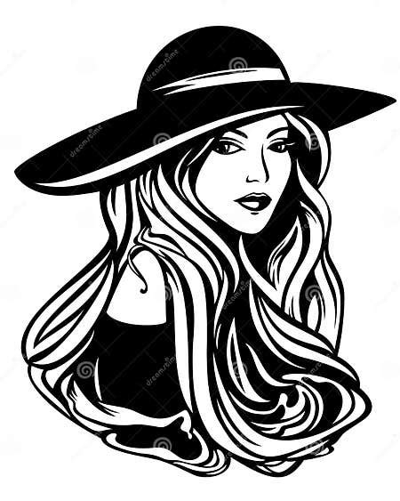 Elegant Woman With Long Hair Wearing Hat Vector Portrait Stock Vector Illustration Of Long