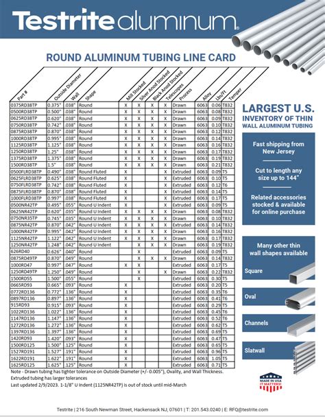 Tube Size Chart Testrite Aluminum