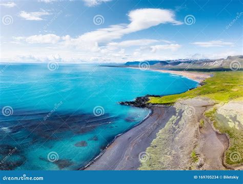 Iceland Aerial View On The Coast Line Mountains And Ocean Beach And