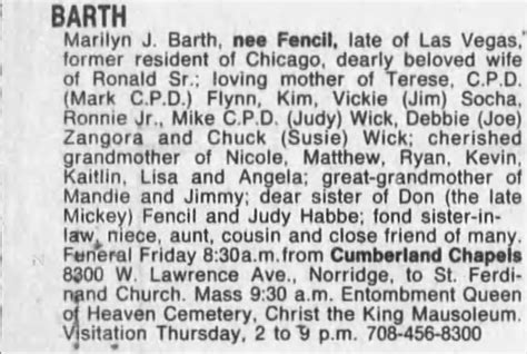Obituary For Marilyn J Barth