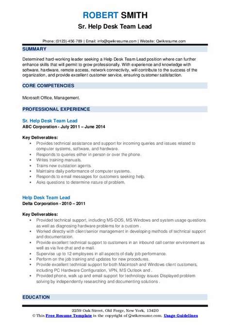Please tell others about this resource! Help Desk Team Lead Resume Samples | QwikResume