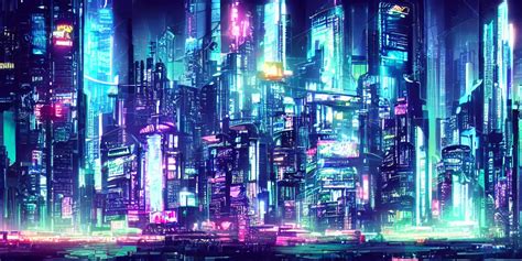 Cyberpunk Cityscape With Neon Lights And Skyscrapers Stable