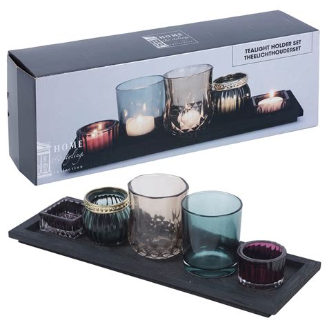 5 Glass Tealight Holders With Wood Tray Mantle Display Home Decoration T Set Ebay