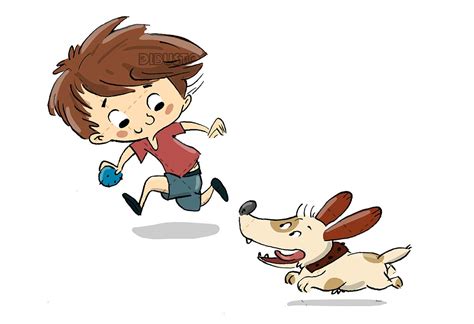 Niño Jugando Con Un Perro Corren Y Juegan Dibustock Ilustraciones