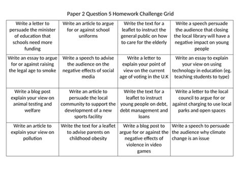 What animal has alex got in his bedroom? AQA Language Paper 2 Question 5 Challenge Grid | Teaching ...