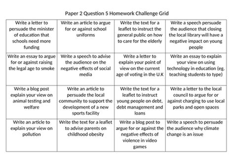 Question 4 is the question with the highest marks on paper 2. AQA Language Paper 2 Question 5 Challenge Grid | Teaching ...