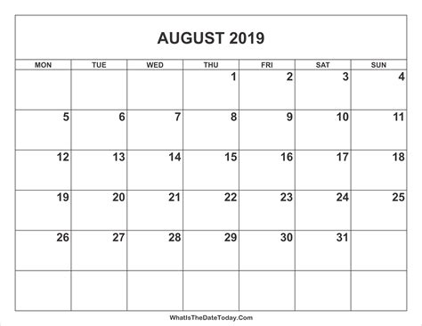 August 2019 Calendar Whatisthedatetodaycom
