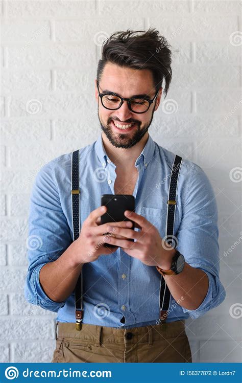 Portrait Of Handsome Bearded Hipster Guy With Glasses On Stock Photo - Image of hipster ...