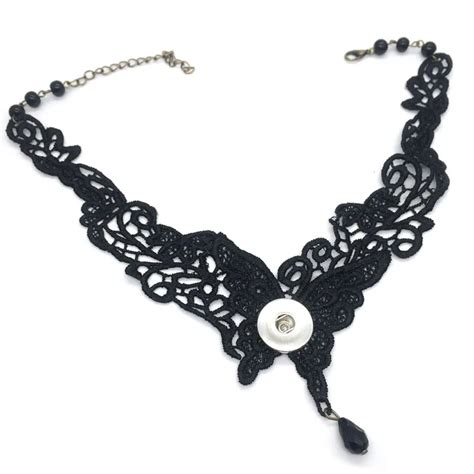 Black Butterfly Lace 18mm Snap Button Choker Necklace 003 Women Fashion