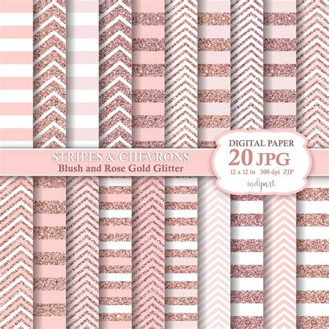 Blush And Rose Gold Glitter Stripes And Chevrons Digital Paper Pink