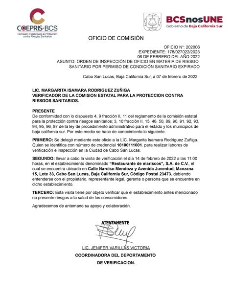 Oficio De Comisión Coepris Oficio De ComisiÓn Oficio No 202006