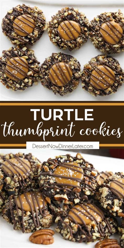 Turtle Thumbprint Cookies Are Made With A Soft Chocolate Cookie Coated
