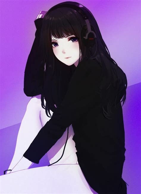 Download 840x1160 Wallpaper Headphone Cute Anime Girl Black Hoodie
