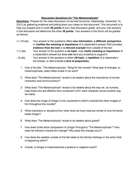 Discussion Questions For The Metamorphosis Discussion Questions For