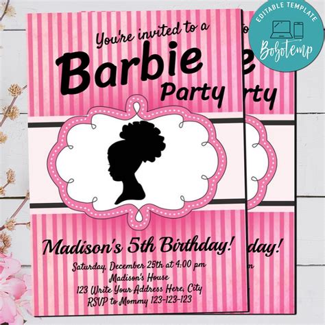 Personalize Your Black Barbie Invitations Afro Puff Silhouette