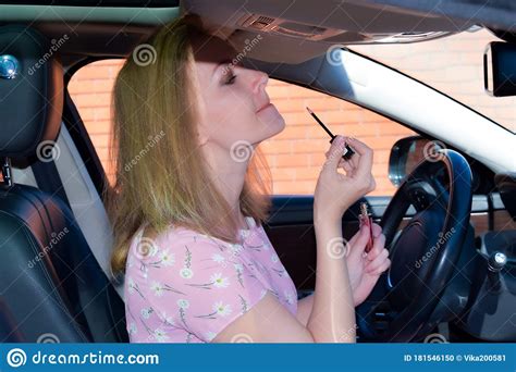 Makeup Behind The Wheel The Girl Smears Lipstick Stock Photo Image