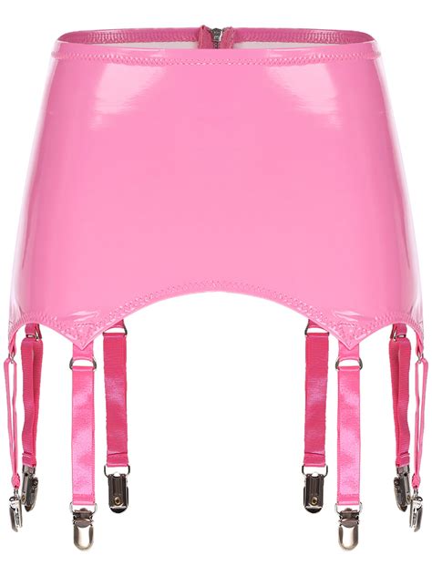 Iefiel Womens Patent Leather Pencil Skirt Suspender Garter Belt Stockings Garters Pink Xxl