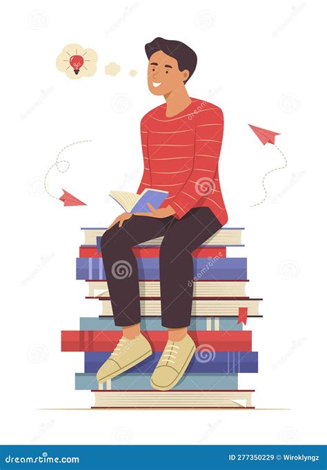 Man Sitting On Pile Of Books And Thinking Idea For Reading Concept