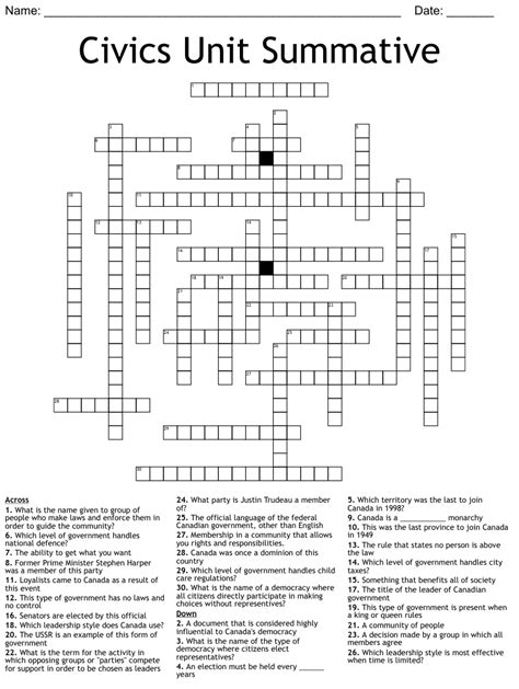 Civics Unit Summative Crossword Wordmint