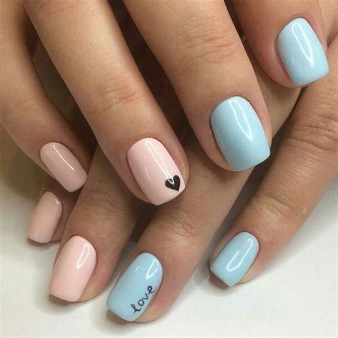 Pink Nails With Black Heart And Blue Nails With Love Pinterest