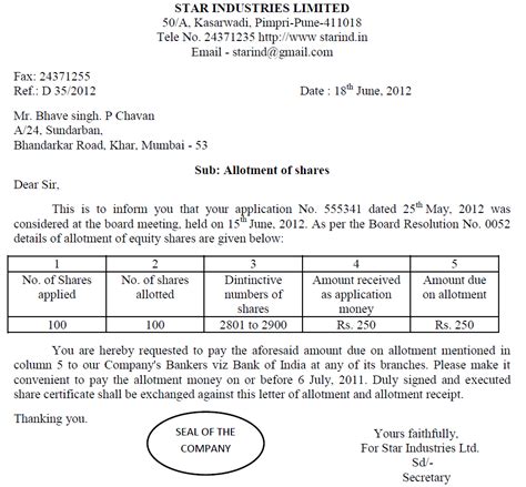 Draft A Letter Of The Allotment Of Shares