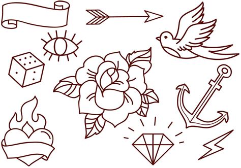 Set Of Free Old School Tattoos Which Include Rose Flaming Heart And