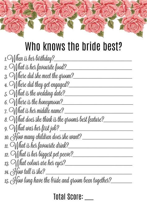 Who Knows The Bride Best Hen Party Game Printable Hen Party Games Hen Party The Wedding Date