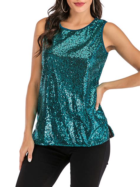 Womens Plus Size Sequin Tops Glitter Tank Top Sleeveless Sparkle Shimmer Shirt Tops Tank Top