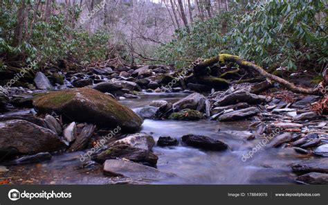 Small River With Moss Covered Stones In The Deep Woods Of The Great