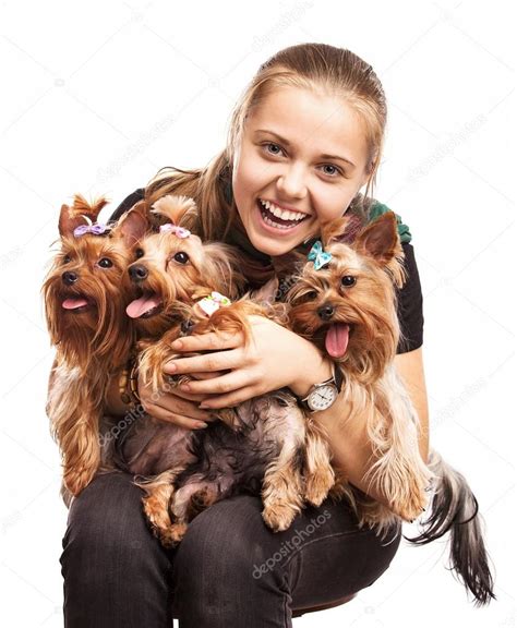 Cute Young Girl Holding Yorkshire Terrier Dogs On Her Lap Cute Young