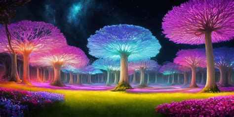 Enchanted Bioluminescent Forest Stock Illustration Illustration Of