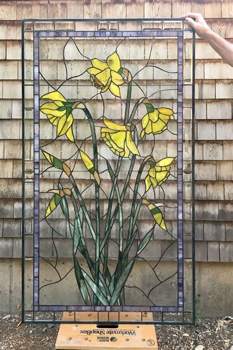 Stained Glass Window Daffodils Blooming 34 X 59 Etsy Stained Glass