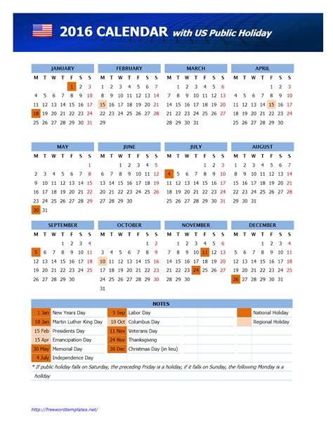 2016 Usa Public Holidays Calendar