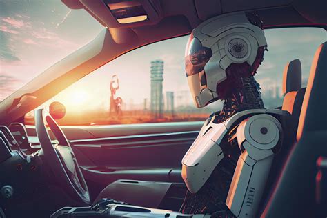 Humanoid Robot Driving Autonomous Car Future Technology Concept