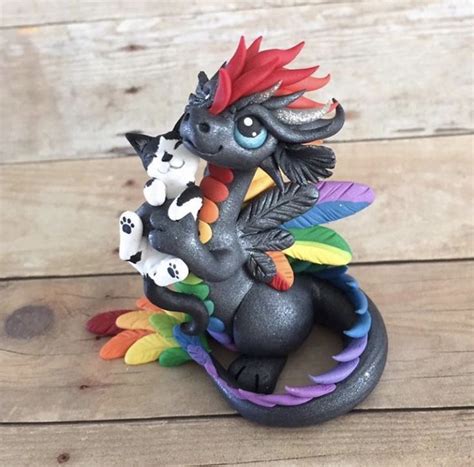 Rainbow Dragon And Kitty Sculpture By Dragonsandbeasties Cute Clay