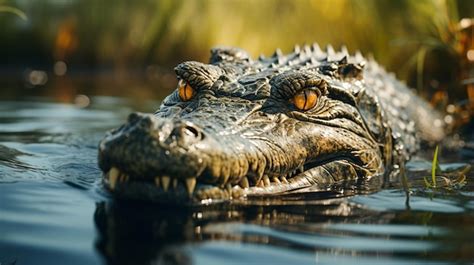Premium Ai Image Alligator Crocodile Amphibian Predator Infront Of Lake