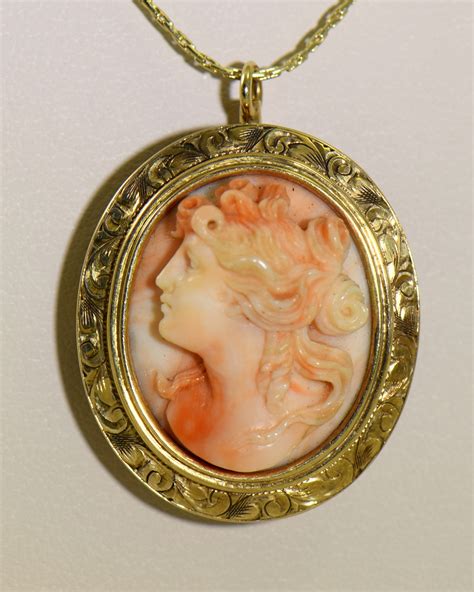 Antique Carved Coral Cameo Pin Pendant Combo In Detailed Yellow Gold