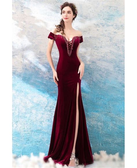 sexy burgundy velvet mermaid tight prom dress with slit off shoulder wholesale t69232