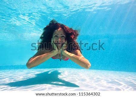 Smiling Woman Underwater Close Up Portrait In Swimming Pool Stock
