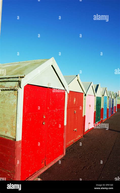 Colorful Beach Huts In A Row On Hove Seafront Near Brighton East Sussex