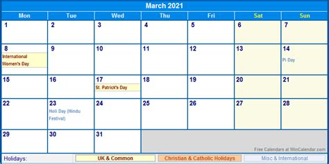 March 2021 Uk Calendar With Holidays For Printing Image Format