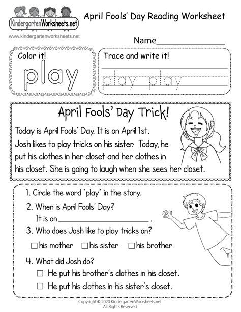 We did not find results for: Free Printable April Fools' Reading Worksheet for Kindergarten