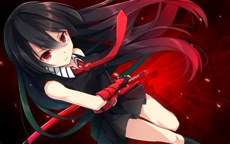 Wallpaper Ilustrasi Rambut Panjang Gadis Anime Senjata Mata Merah Pedang Akame Ga Bunuh