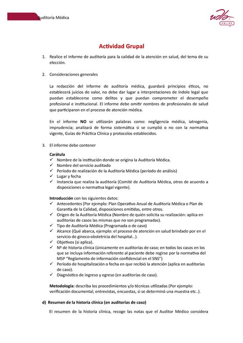 Formato Informe De Auditoría Médica Auditoría Médica Actividad Grupal