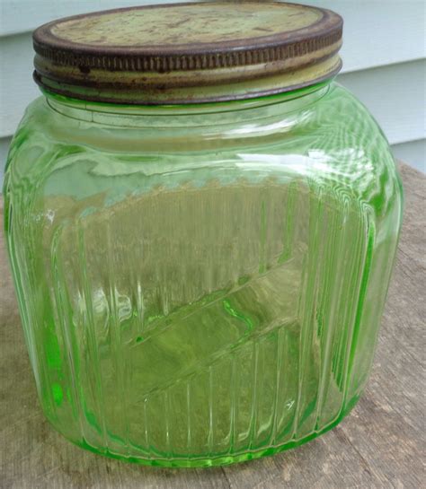 Vintage Vaseline Uranium Green Depression Glass Hoosier Canister Jar