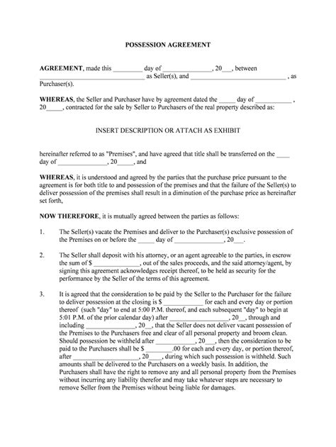 Form Of Post Closing Possession Agreement Edit Fill Fill Out And