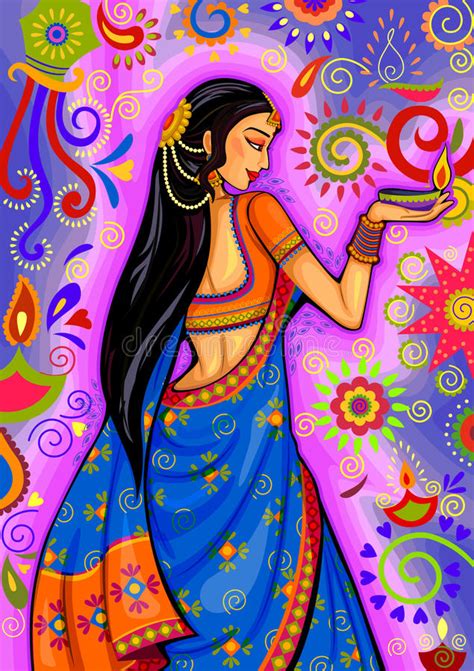 Indische Vrouw Met Diyadecoratie Voor Diwali Festivalviering In India