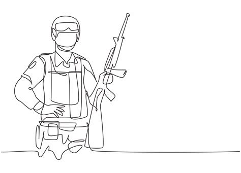 Single One Line Drawing Of Young Male Soldier Holding Riffle Weapon
